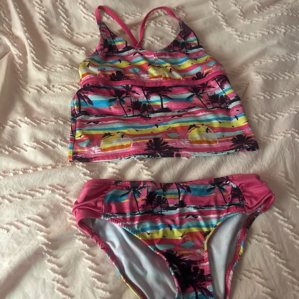 Girls' Pink Tropical Stripe Swim Bikini Set